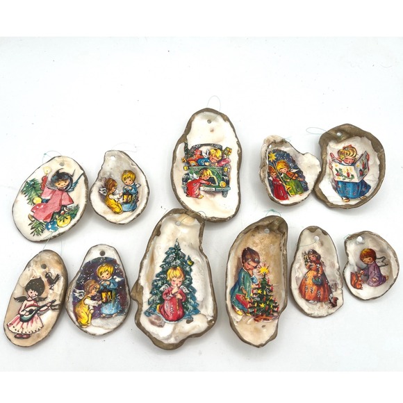 Unbranded Other - Vintage Decoupage Angels Oyster‎ Shell Christmas Ornaments Handmade Kitsch 10 pc